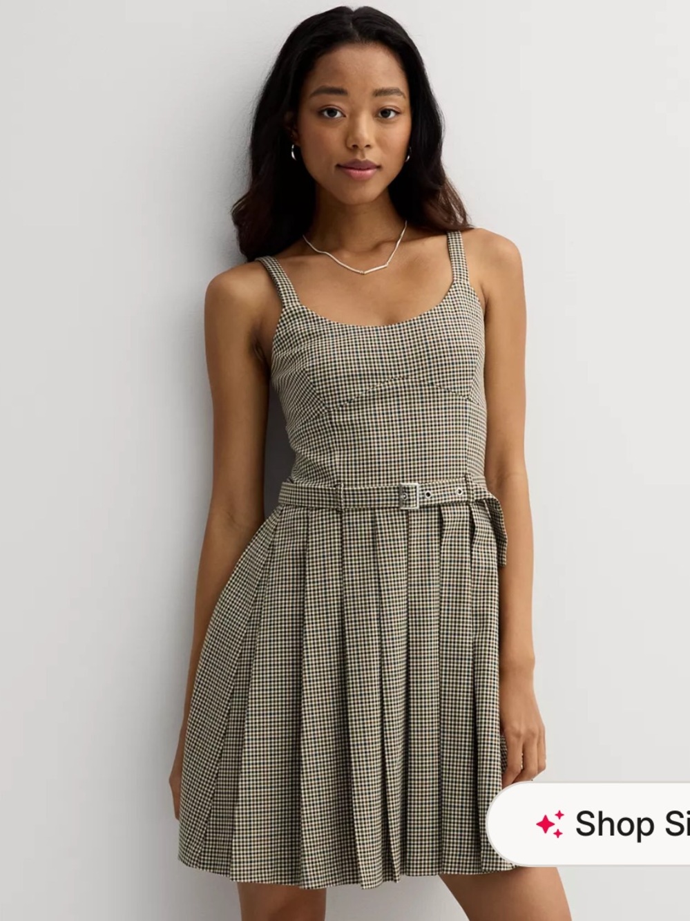 SO Black, brown, white plaid Pleated Belted Mini Dress
